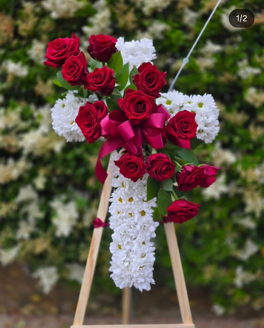 Red and White Standing Funeral Cross